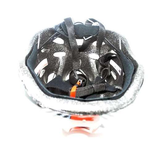 a black and white baseball glove with a silver buckle.
