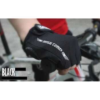 a black glove with white lettering on the handle bars.