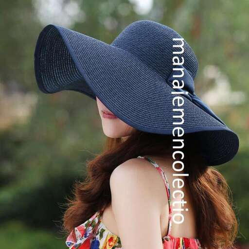 large floppy blue floppy hat with a long neckline