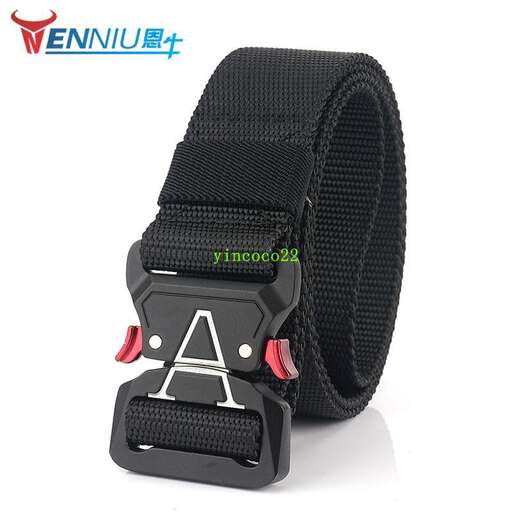 black leather strap with a white logo