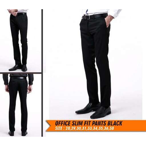 a man's black pants with a white shirt and black pants.