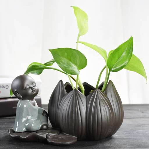 a small vase with a plant growing out of it.