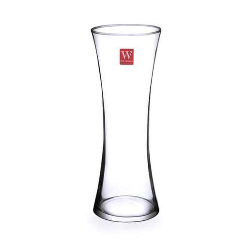 a tall glass with a logo on it.