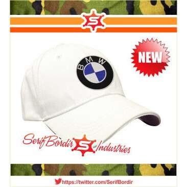 new white baseball cap with logo in black