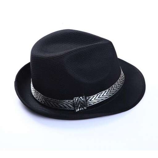 a black hat with silver ribbon and a silver ribbon.