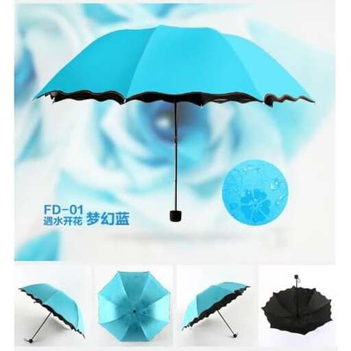 a blue umbrella with a flower design on it.