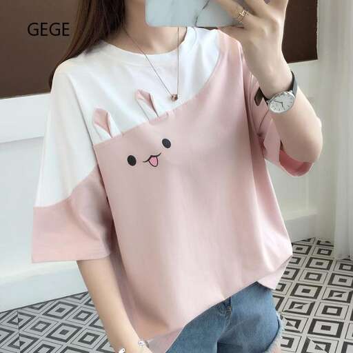 pink and white tee with a cute bunny on the front.