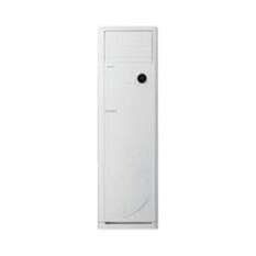 a tall white computer tower with a black button on the back.