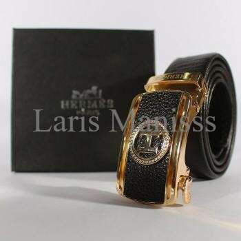 a black leather belt with a gold buckle.