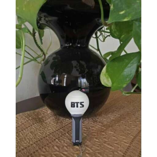 a black vase with a white ball and a green plant in it.