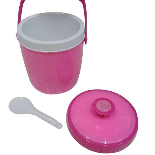 a pink plastic container with a lid and a spoon.
