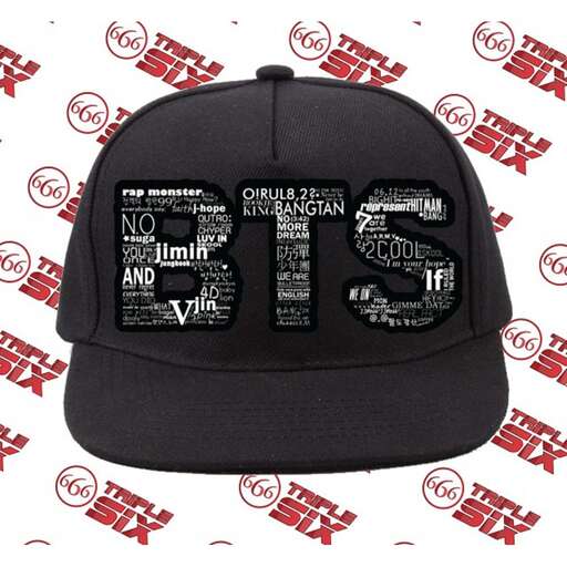 a black cap with the word on it.