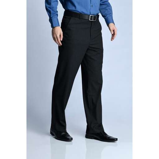 men's black men's pants with a blue shirt and black leather belt