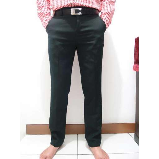 a pair of black pants with a white and red checkered shirt.