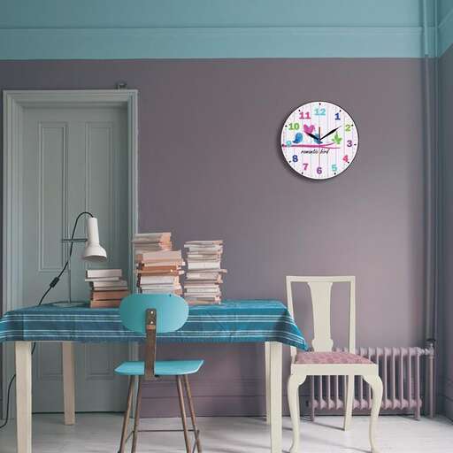 a room with a table, chairs, and a clock.