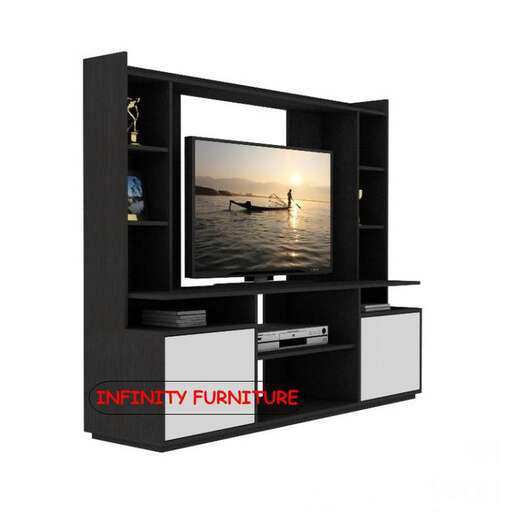 a tv stand with a tv on it