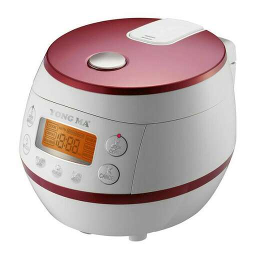 a red and white crock pot with a lid on top.