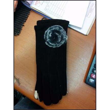 a pair of black gloves sitting on a desk.