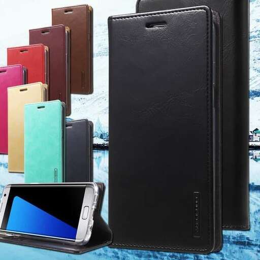 a black leather case with a blue and white cell phone next to it.