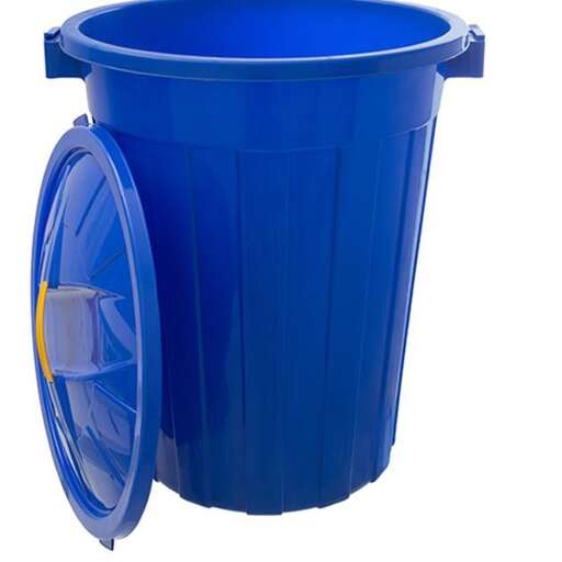 blue plastic bucket with lid on a white background