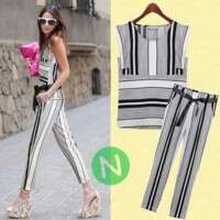 a fashion look featuring pants and a striped top.