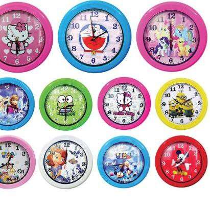 a collection of colorful clocks