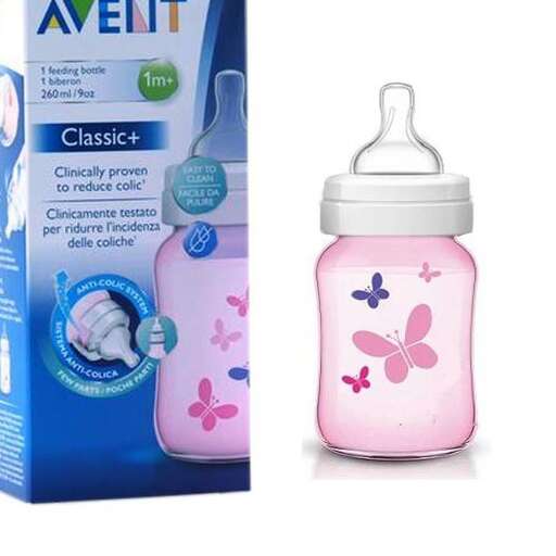 baby bottle with pink and blue flowers.
