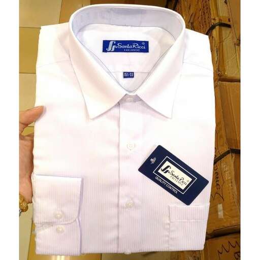 a white shirt with a blue label on it.