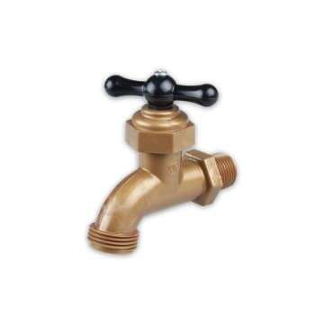 a gold colored faucet in a white background.