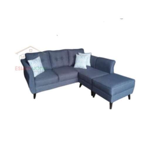 a modern living room with a blue sofa