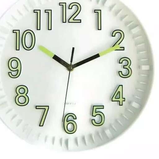 a clock with green numbers and a white background.