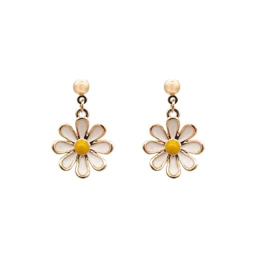 a pair of earrings with a yellow flower.