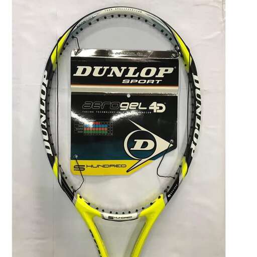a tennis racket with a yellow and black handle