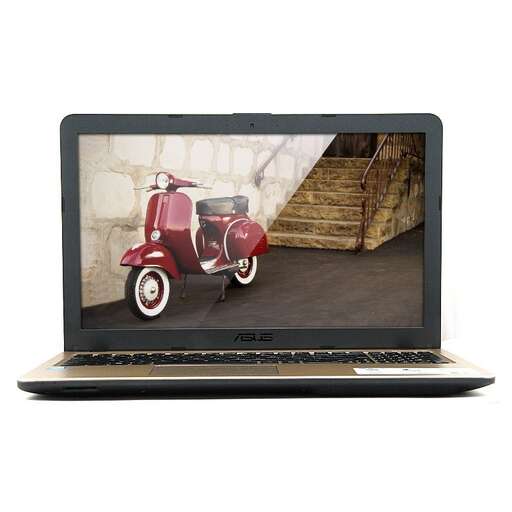 a laptop computer with a picture of a small red scooter.