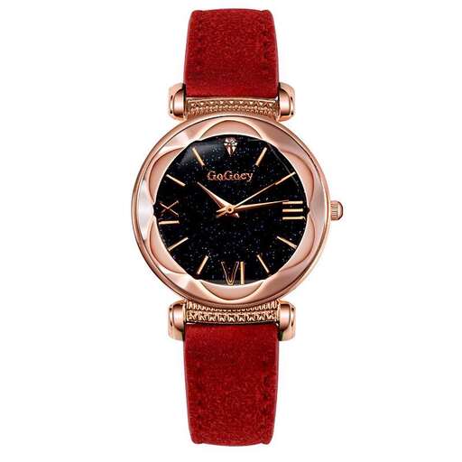 a red leather watch with a black dial and red leather strap.