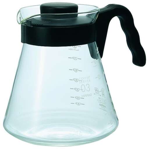 a glass pitcher with a black handle.