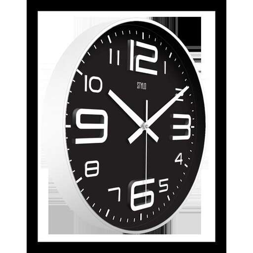 a clock with a black frame and a white background.