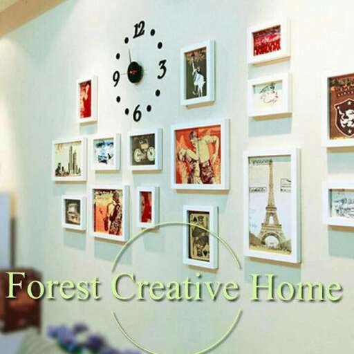 a wall with pictures and a clock on it.