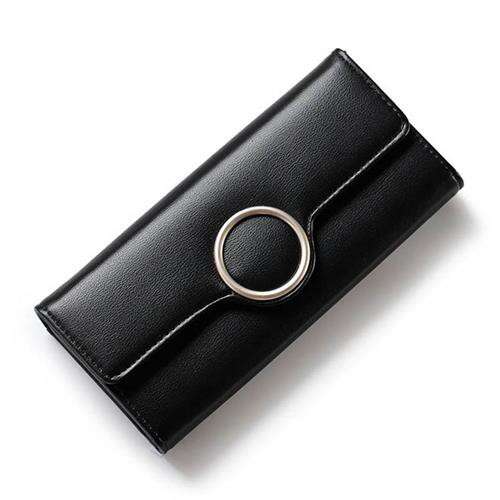 a black leather wallet with a silver ring on it.