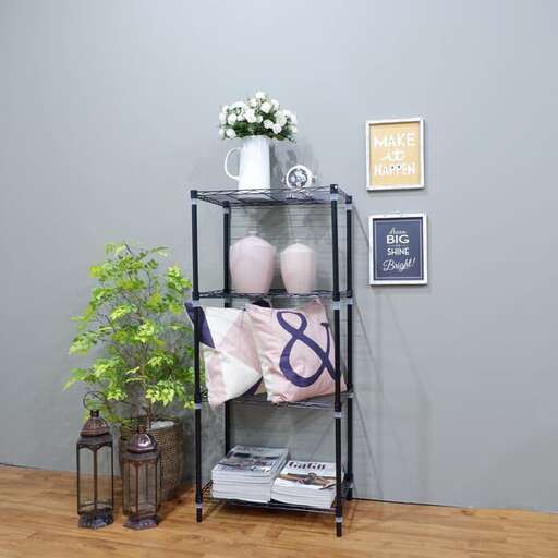 a shelf with a plant and vase on it