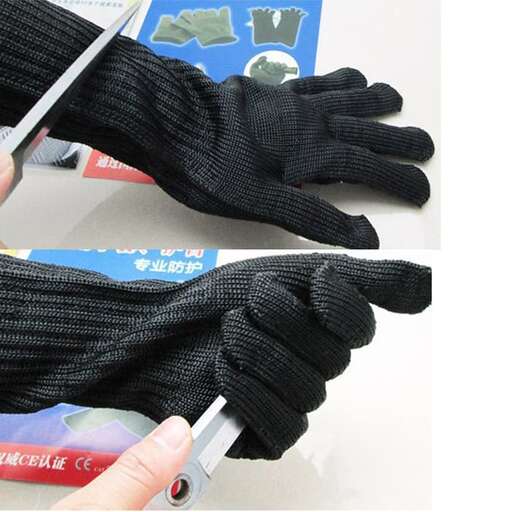 a pair of black gloves with a pair of silver blade.