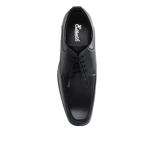 men's black leather dress shoes with laces and a white background