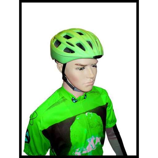 a green helmet with a black and white background.