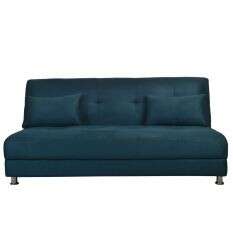 a blue couch with a cushioned seat