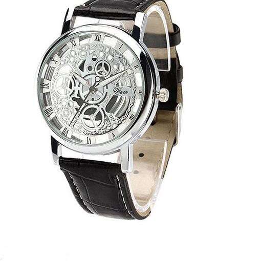 a watch with a black leather strap