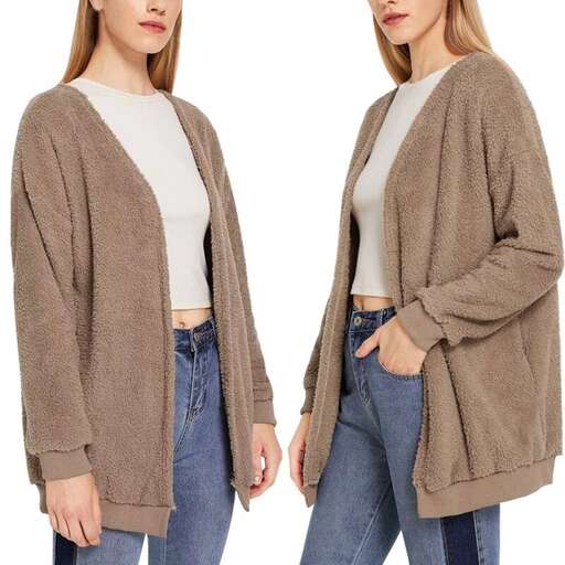 garment in a soft, soft, light brown cardigan