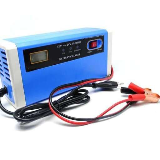 a blue electric box with a red plug and a black wire.