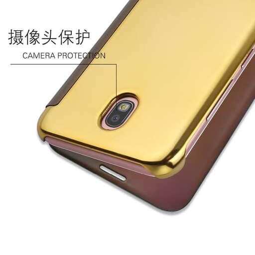 a gold cell phone with a camera lens.