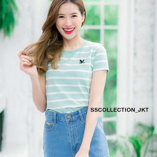 striped t - shirt with a wide neckline and a short skirt