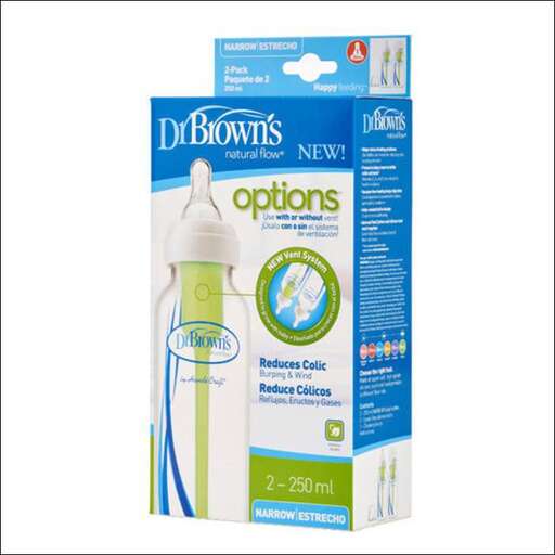 a bottle of baby blue and white toothbrushes and a white bottle.